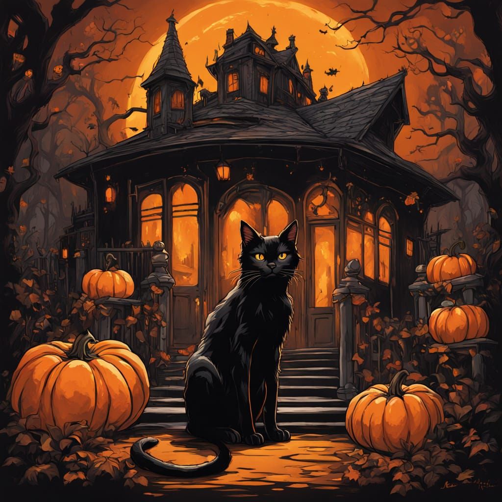 Dark Fantasy Black Cat in Pumpkin Costume