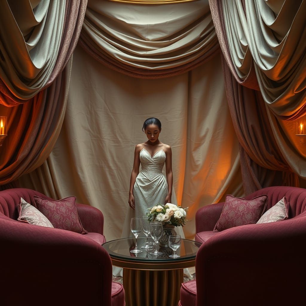 Luxurious Hostess Surrounded by Opulent Fabrics in Warm Gold...