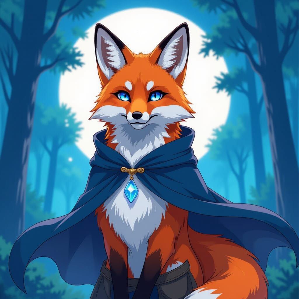 Ember Fox in Moonlit Forest, Anime Style