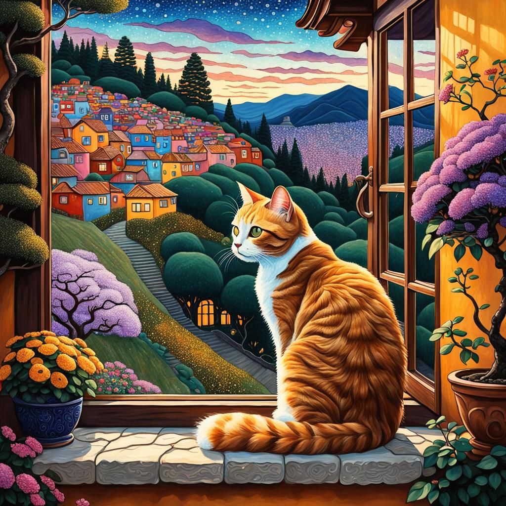 Cat in Window, Klimt-Inspired Cartoon Painting