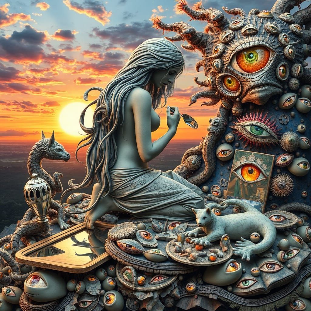 Surreal Bio Art: Woman, Mirrors, and Mythical Creatures