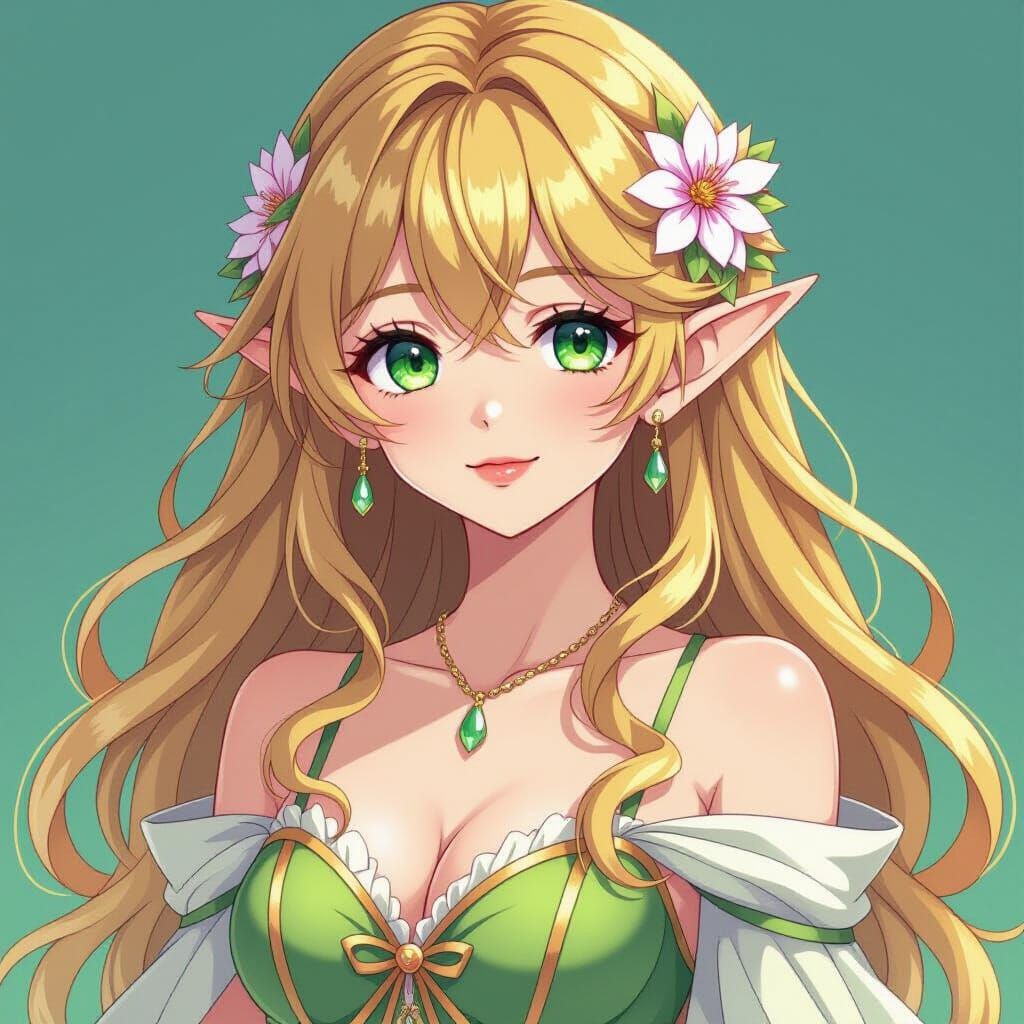 Anime Elf Princess with Flowing Hair and Goddess Dress
