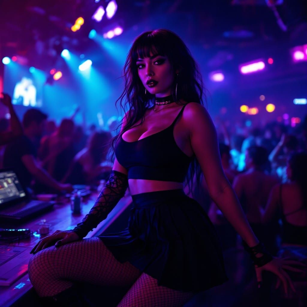 Beautiful bodacious body goth girl with curves in black crop top tight short mini skirt fishnets and black boots at a ni...