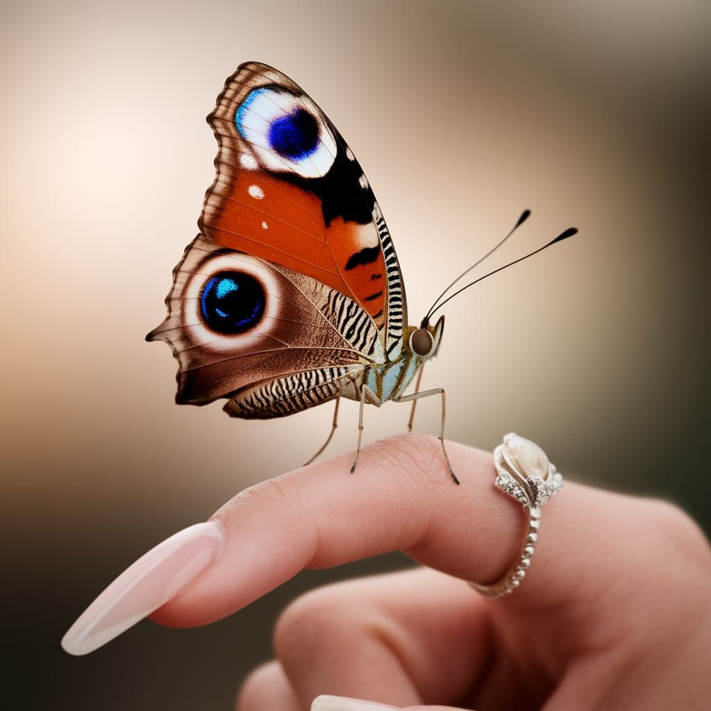 Intricate Iridescent Butterfly Perched on Elegant Finger
