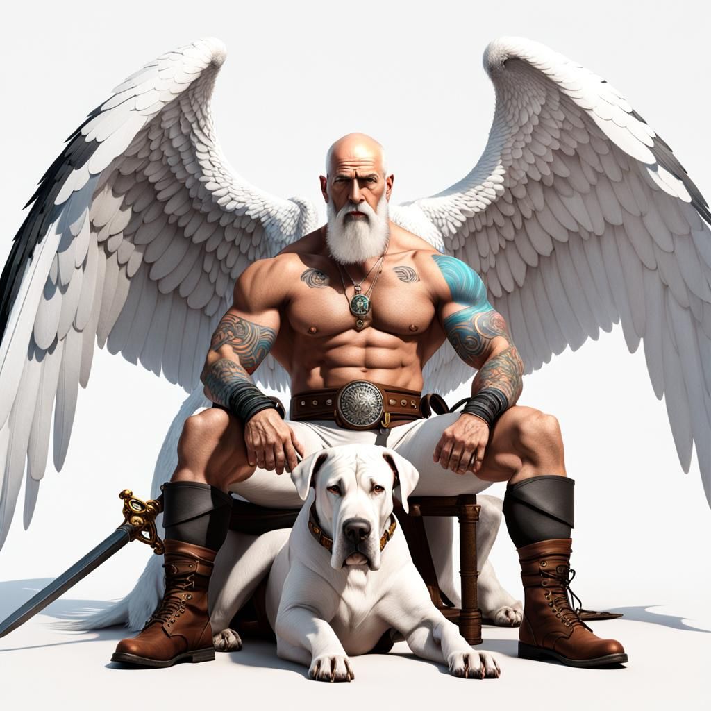 Winged Old Man with Great Dane, Octane Render