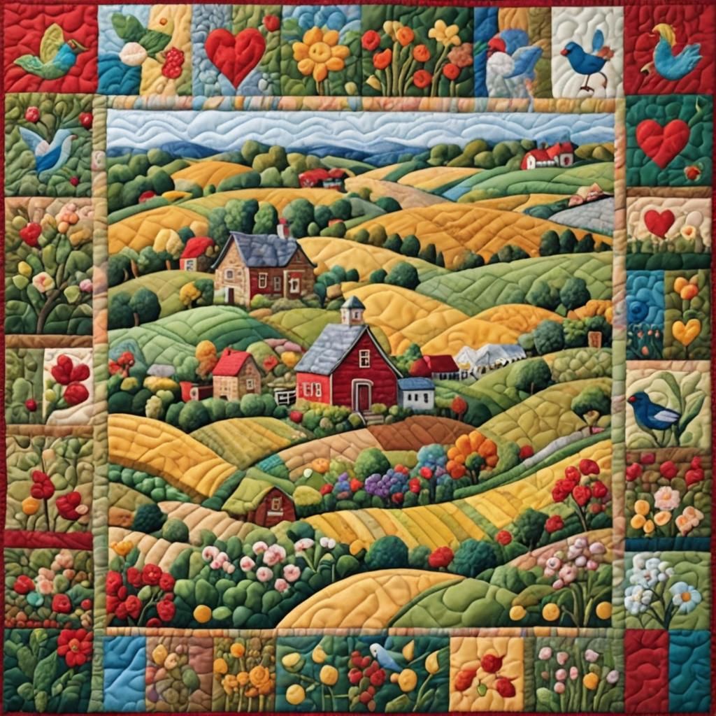 Scenes of farmland and country village in a quilt.