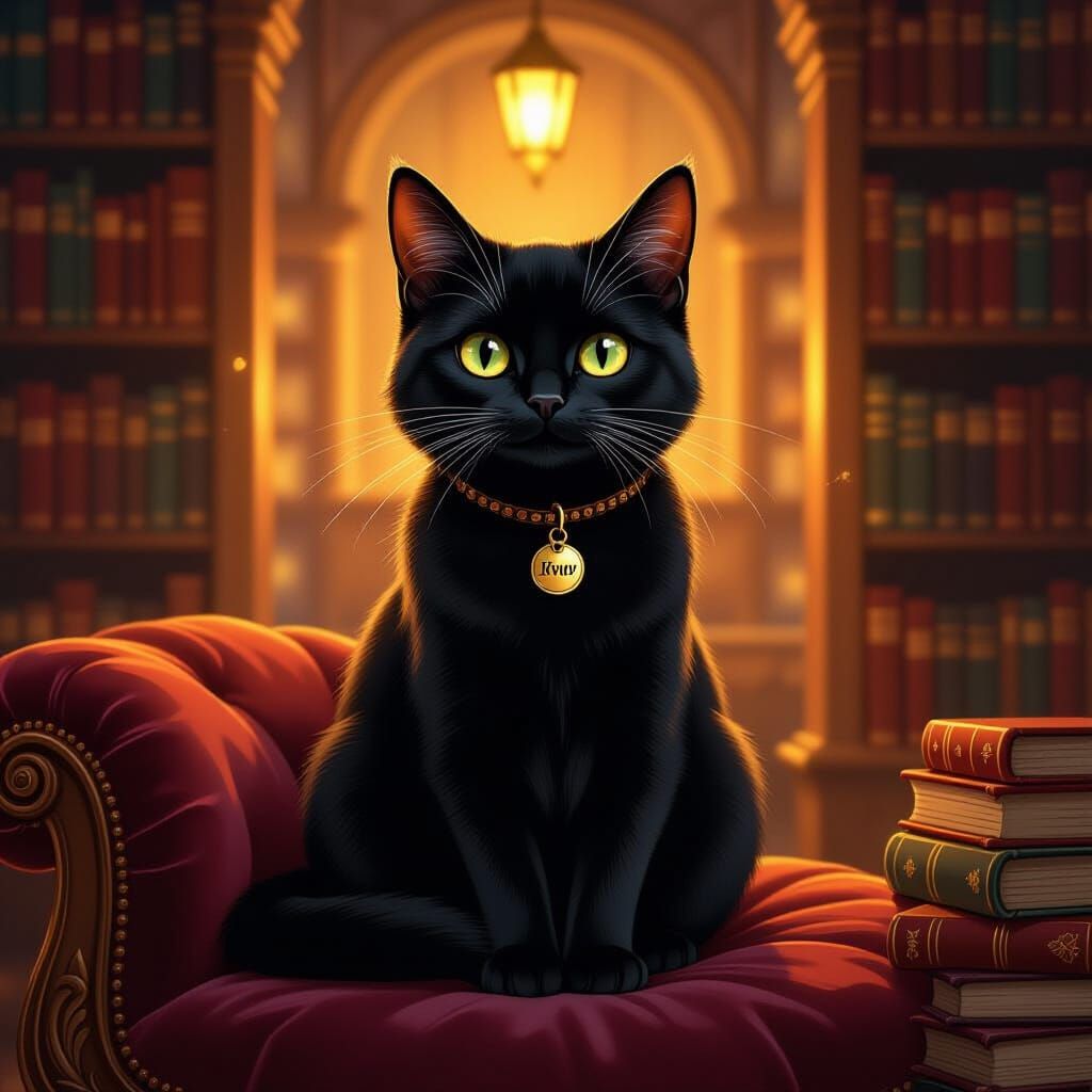 Black Cat in Cozy Library as Digital Art