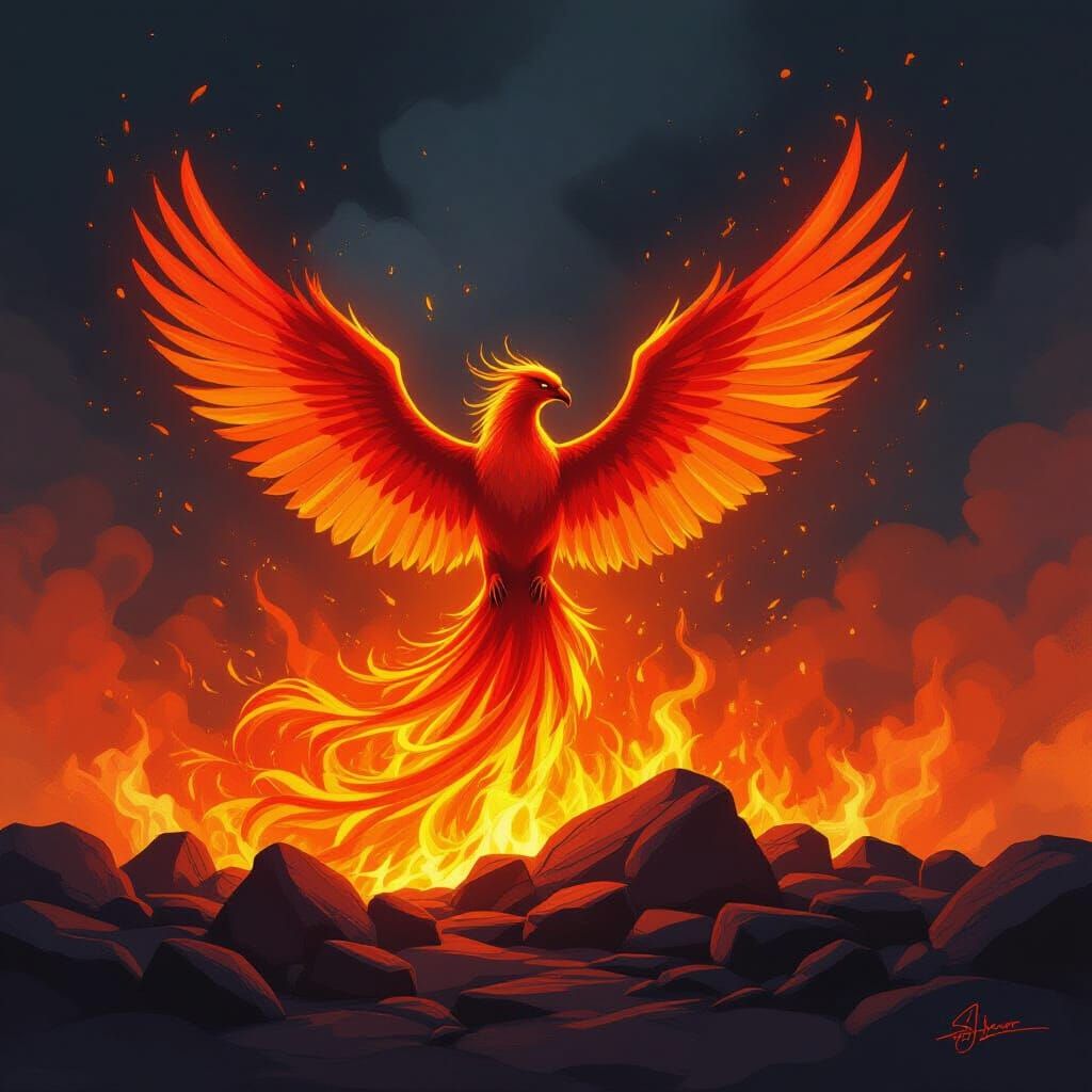 Airbrushed Phoenix Rising in Fiery Flames