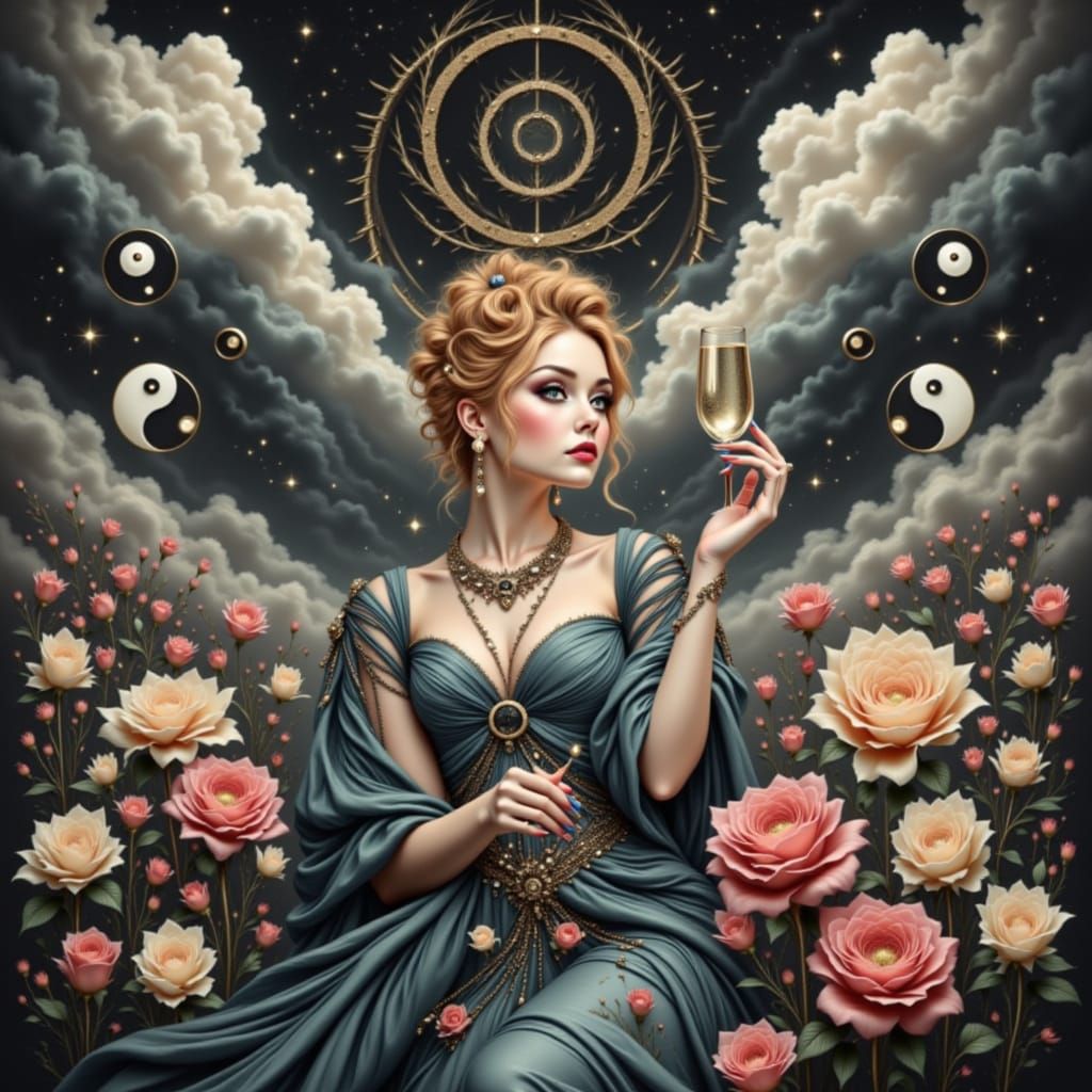 Elegant Woman with Champagne Amidst Yin Yang Symbols