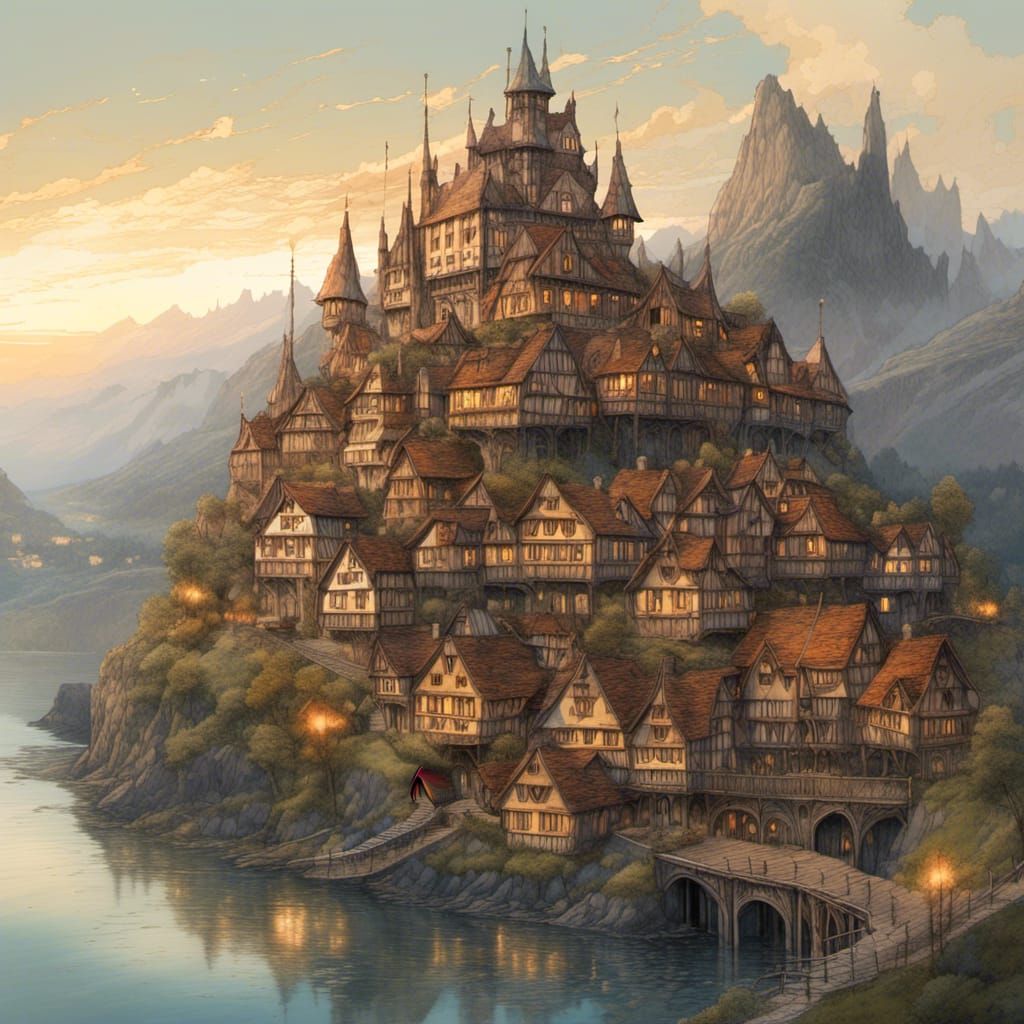 Magical Starlit City Under Mountain in Medieval Style