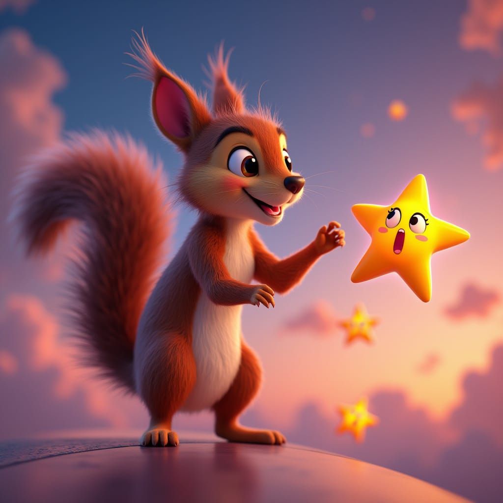Squirrel Stealing Stars in Pixar-Style Twilight Sky