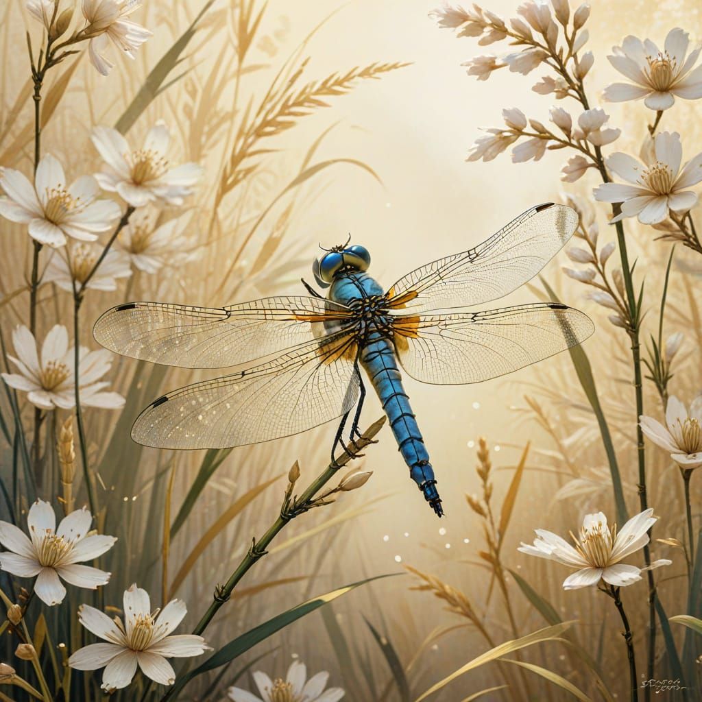 Dragonfly in Prayer Among Rice Blossoms