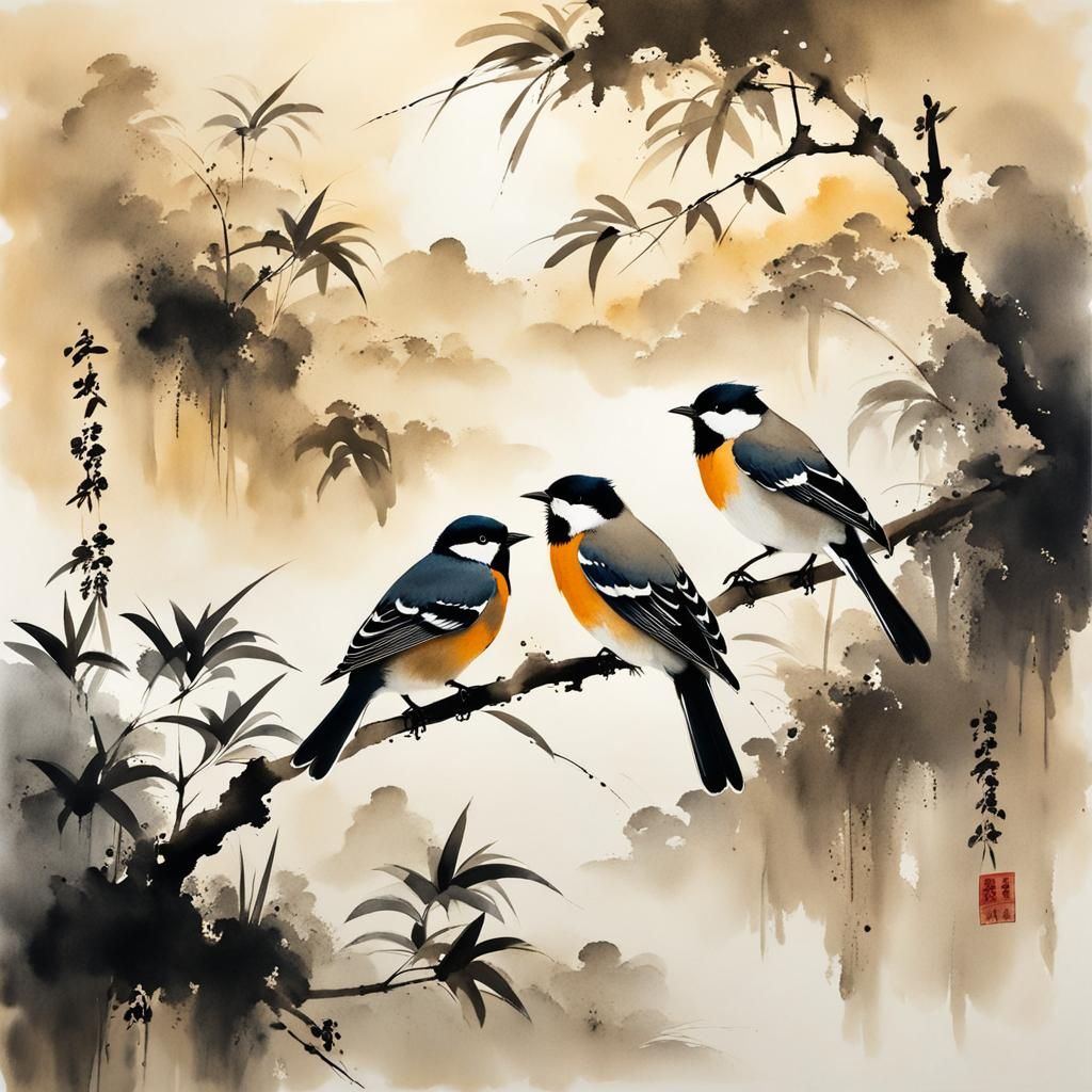 Muted Chinese Ink Painting of Birds on Branches