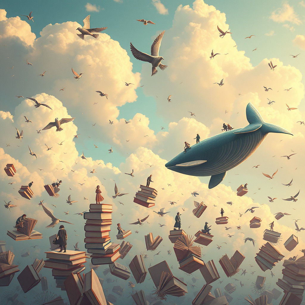 Whimsical Flying Books and Whale in Dreamlike Scene