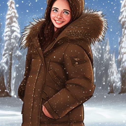 Intricately detailed snowy landscape, A beautiful, young wom...