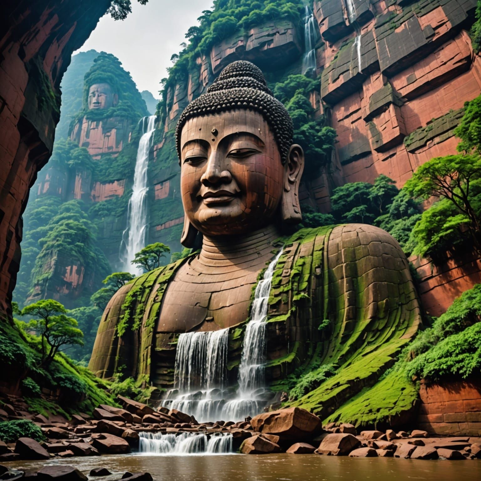 Waterfall Cascades from Giant Buddha's Mouth