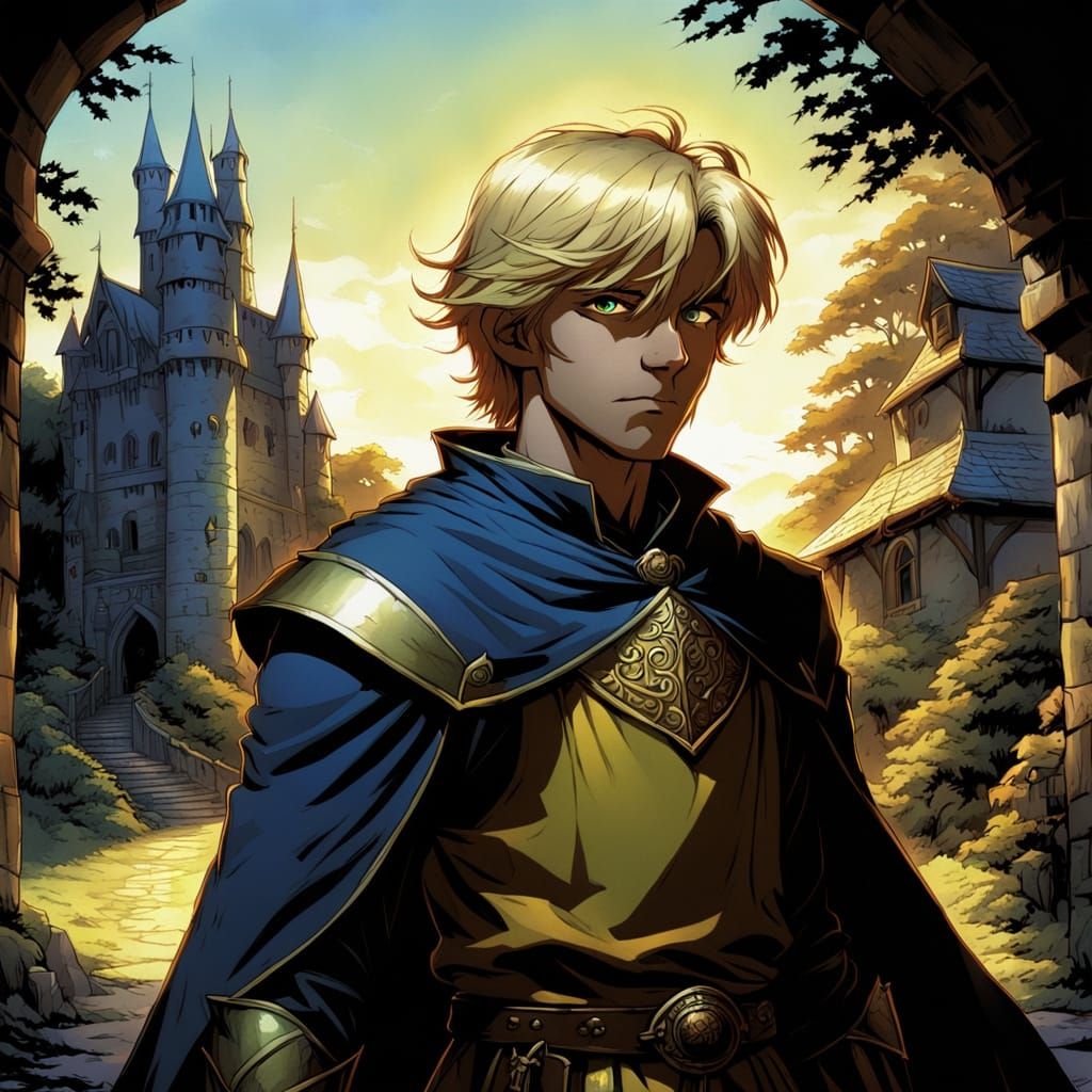 Blond Paladin Before Castle in Chiaroscuro Anime Style