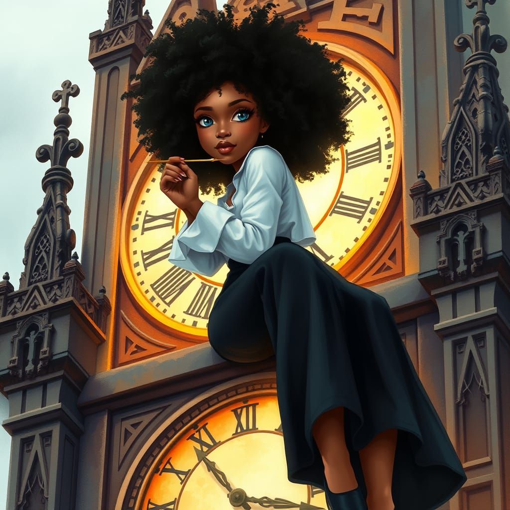 Elegant Woman Tends Timeless Clock in Dreamy Gothic Setting