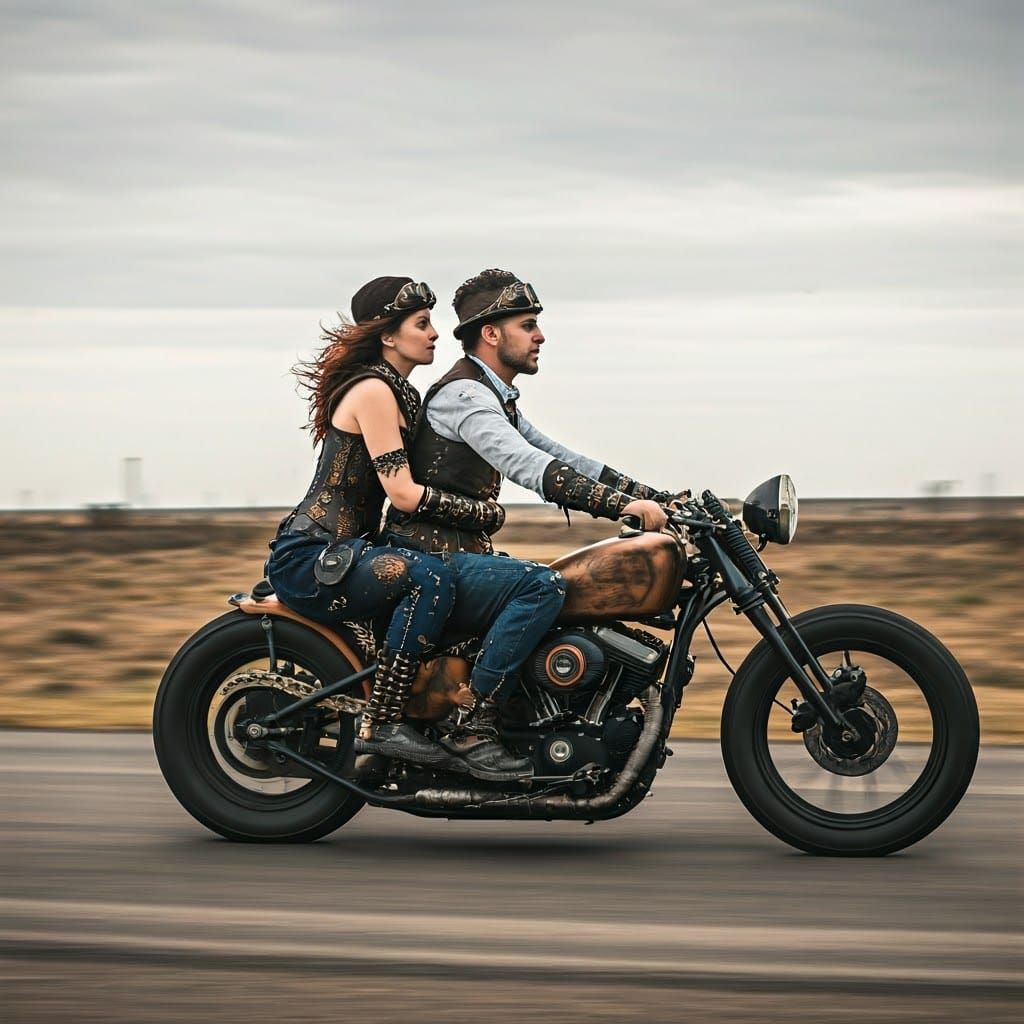 Steampunk Couple Ride Post-Apocalyptic Motorcycle