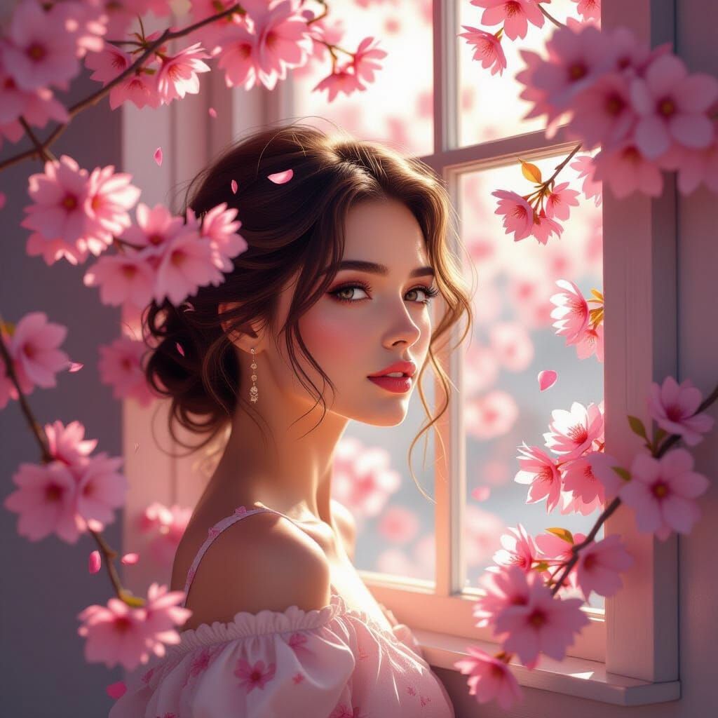 Dreamy Woman Emerging from Window Amidst Cherry Blossoms