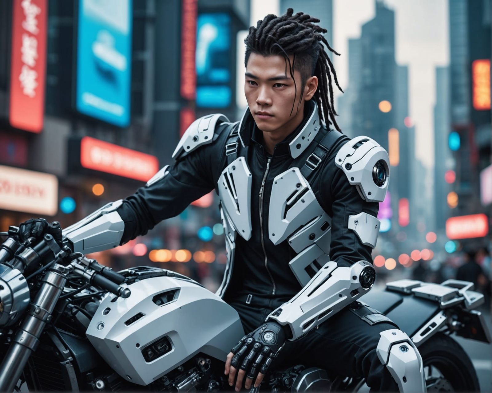 Cyberpunk Motorcycle Rider in Futuristic Cityscape