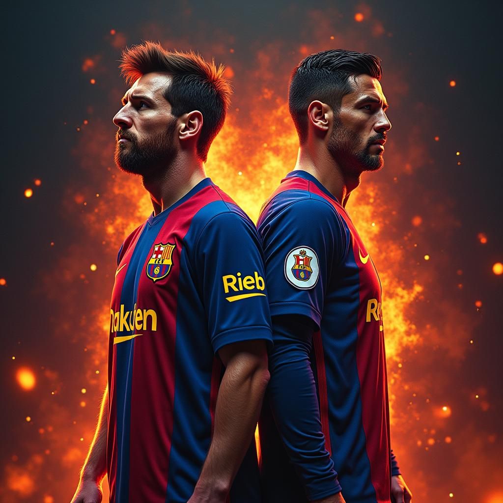 Messi and Ronaldo in Barcelona Shirts, Digital Art