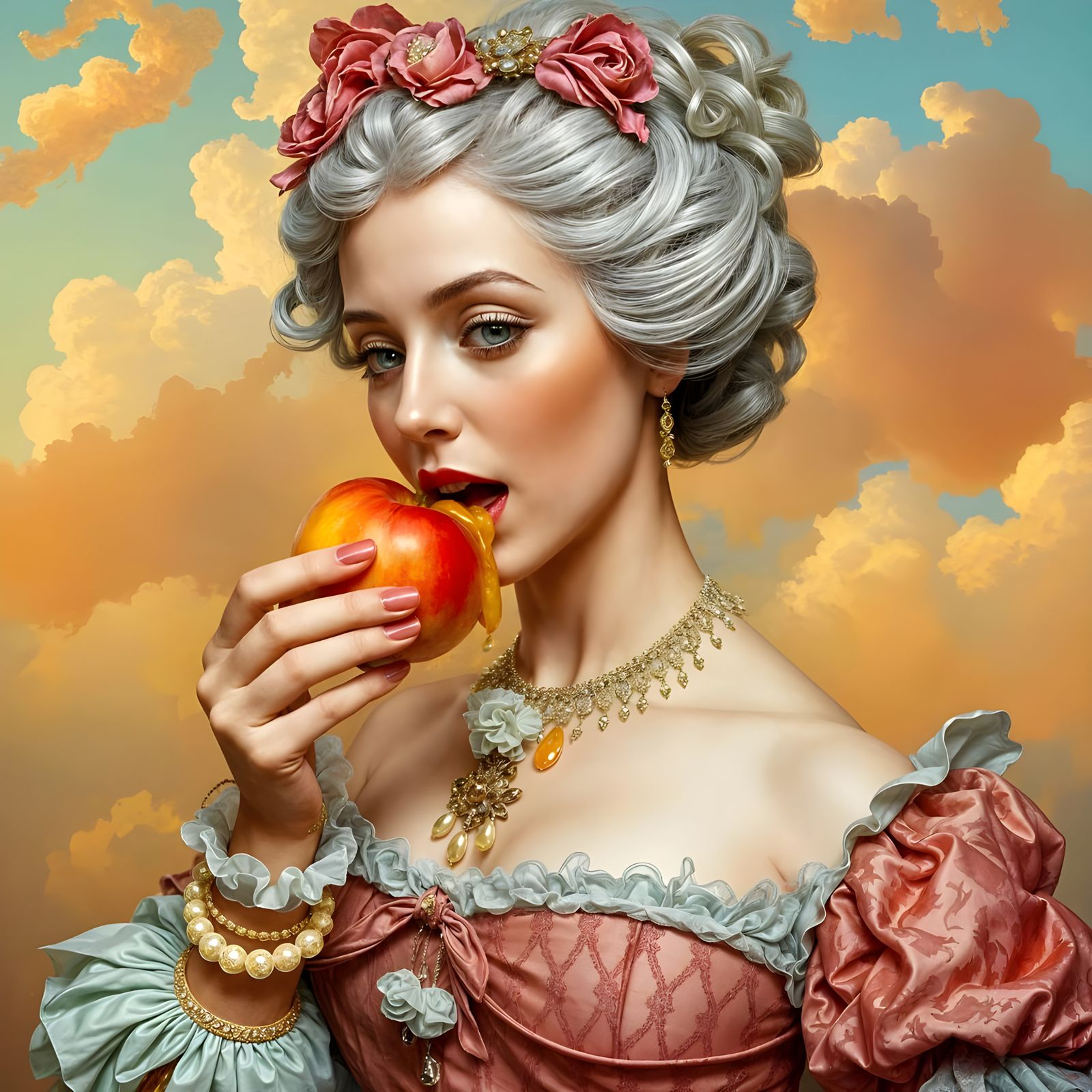 Sultry Lady Takes a Bite of a Juicy Peach in a Golden Master...