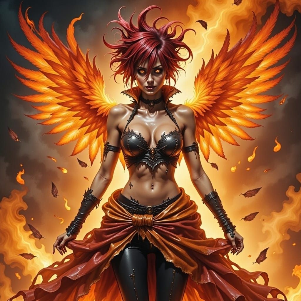 Fiery Phoenix Warrior Summons Phoenix in Anime Style
