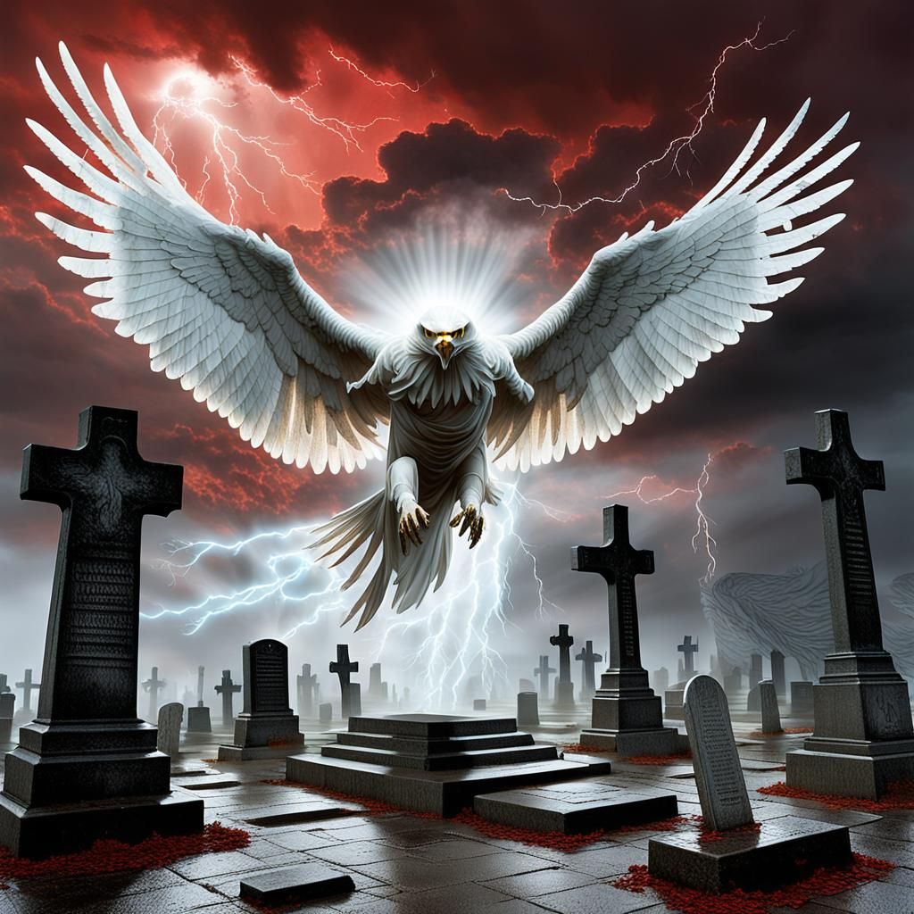 A white eagle ghost  soaring through a deserted, fog-covered...