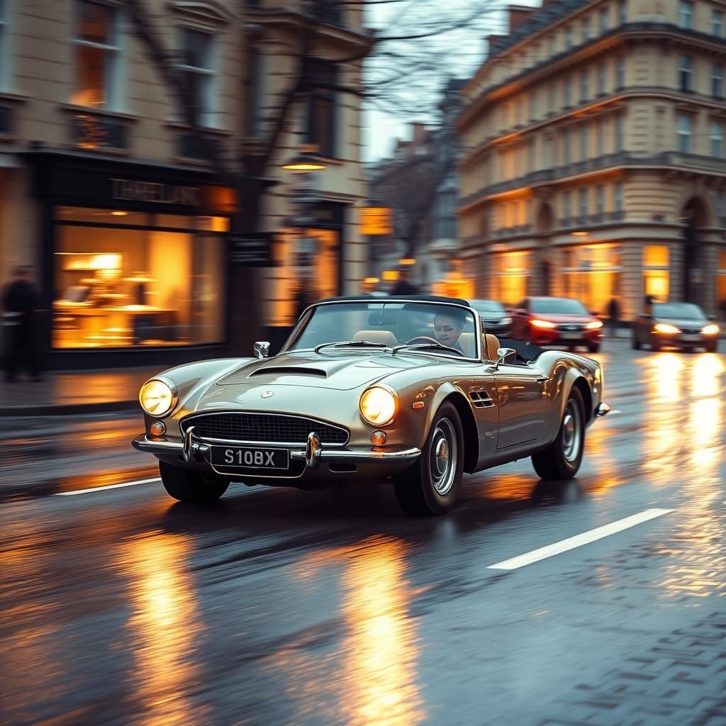 Classic Roadster in Rainy Cyberpunk City