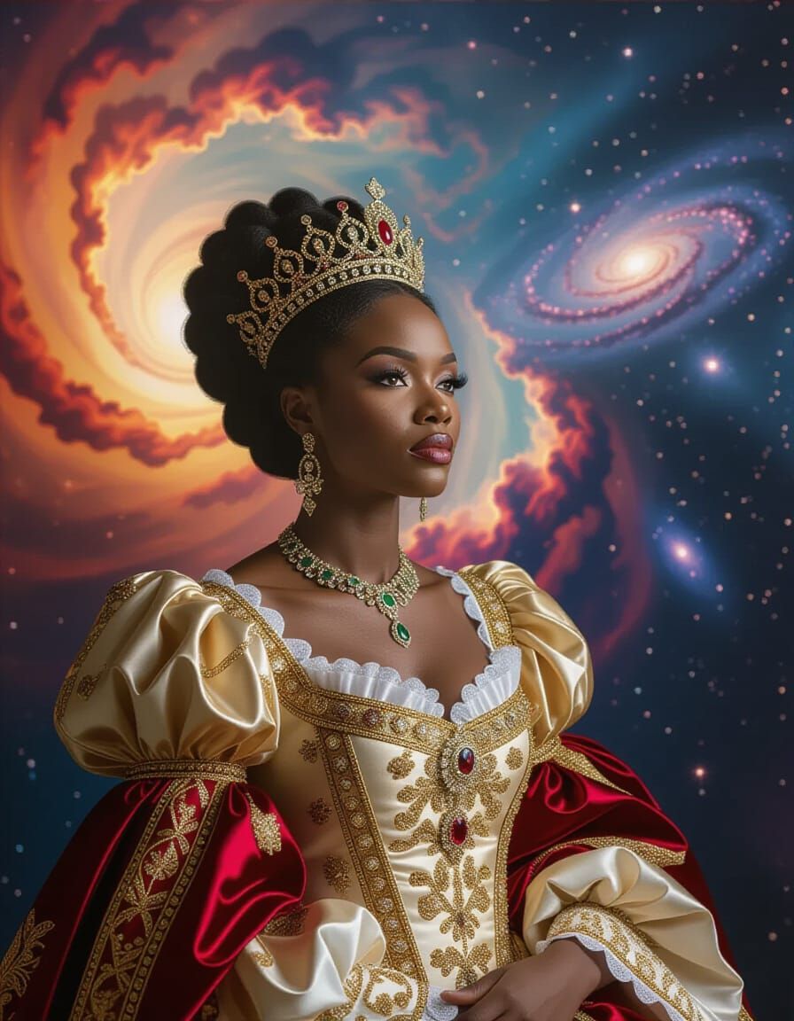 African Queen in Baroque Regalia Amidst Cosmic Nebulae