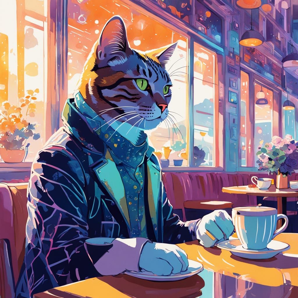 Hipster Cat Sipping Coffee in Whimsical Concept Art