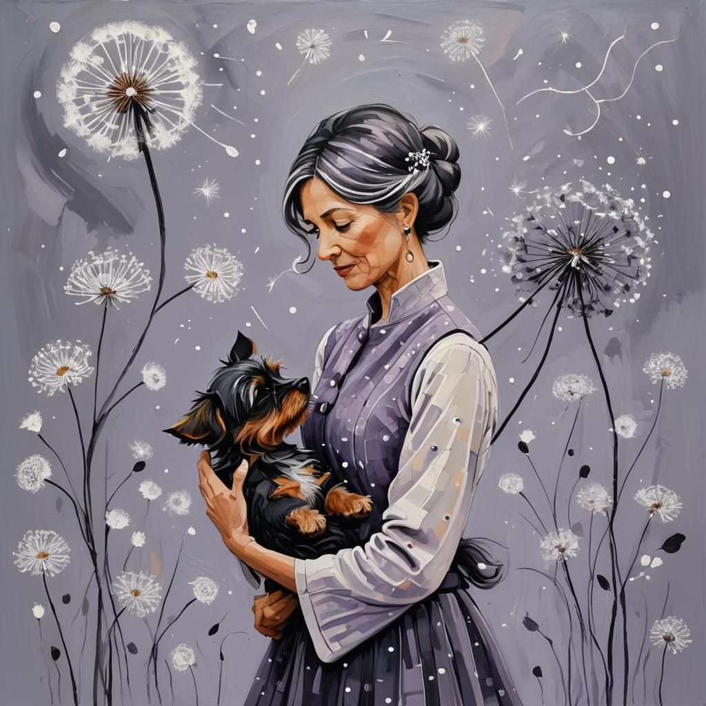 Whimsical Woman with Puppy in Naive Art Style