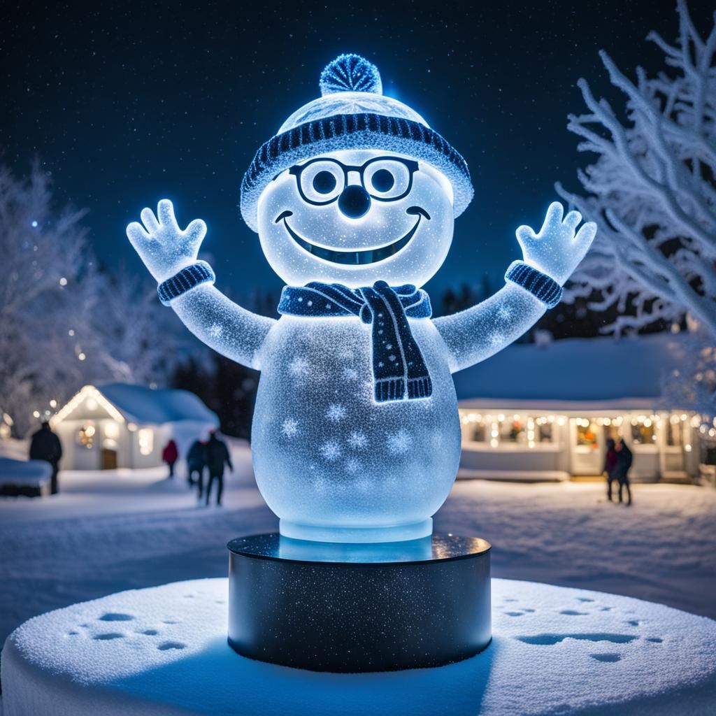 Pixar-Style Hipster Ice Sculpture in Winter Wonderland