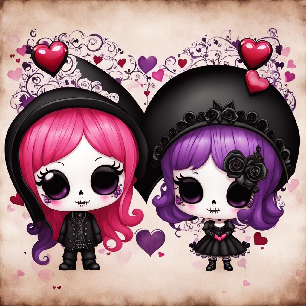 Chibi goth couple , Black, red,  pink  and purple hearts on top of  skull background scrapbooking paper, 3D, bokeh, goth...