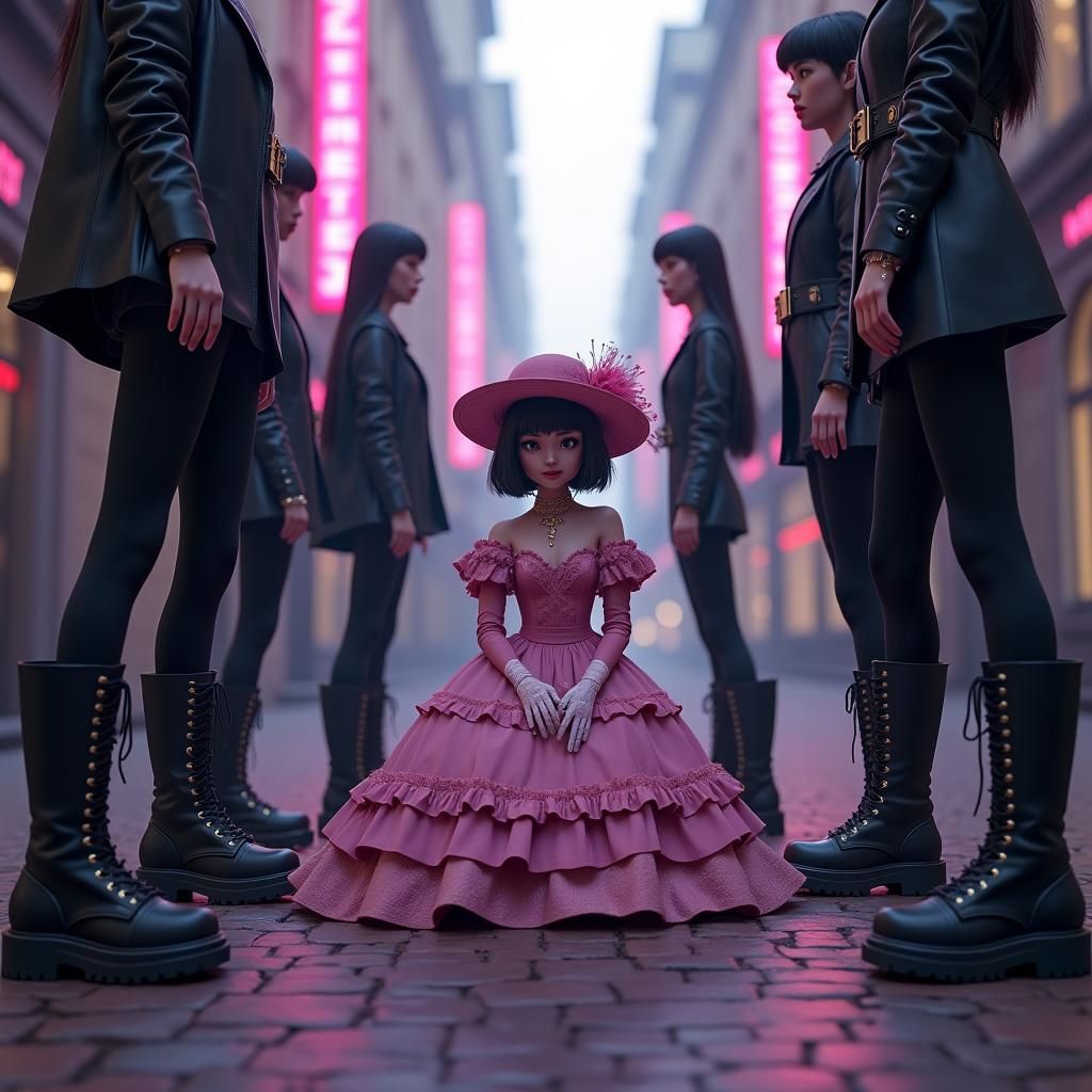 Manga-Style Scene: Man in Pink Surrounded by Leather