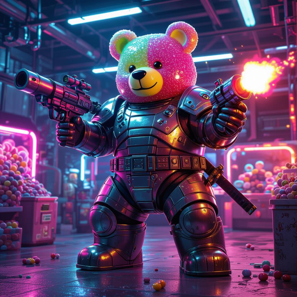 Cyberpunk Gummy Bear Guarding a Candy Factory