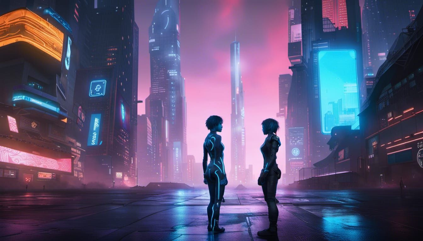 Cyberpunk Boy and Holographic AI in Neon City