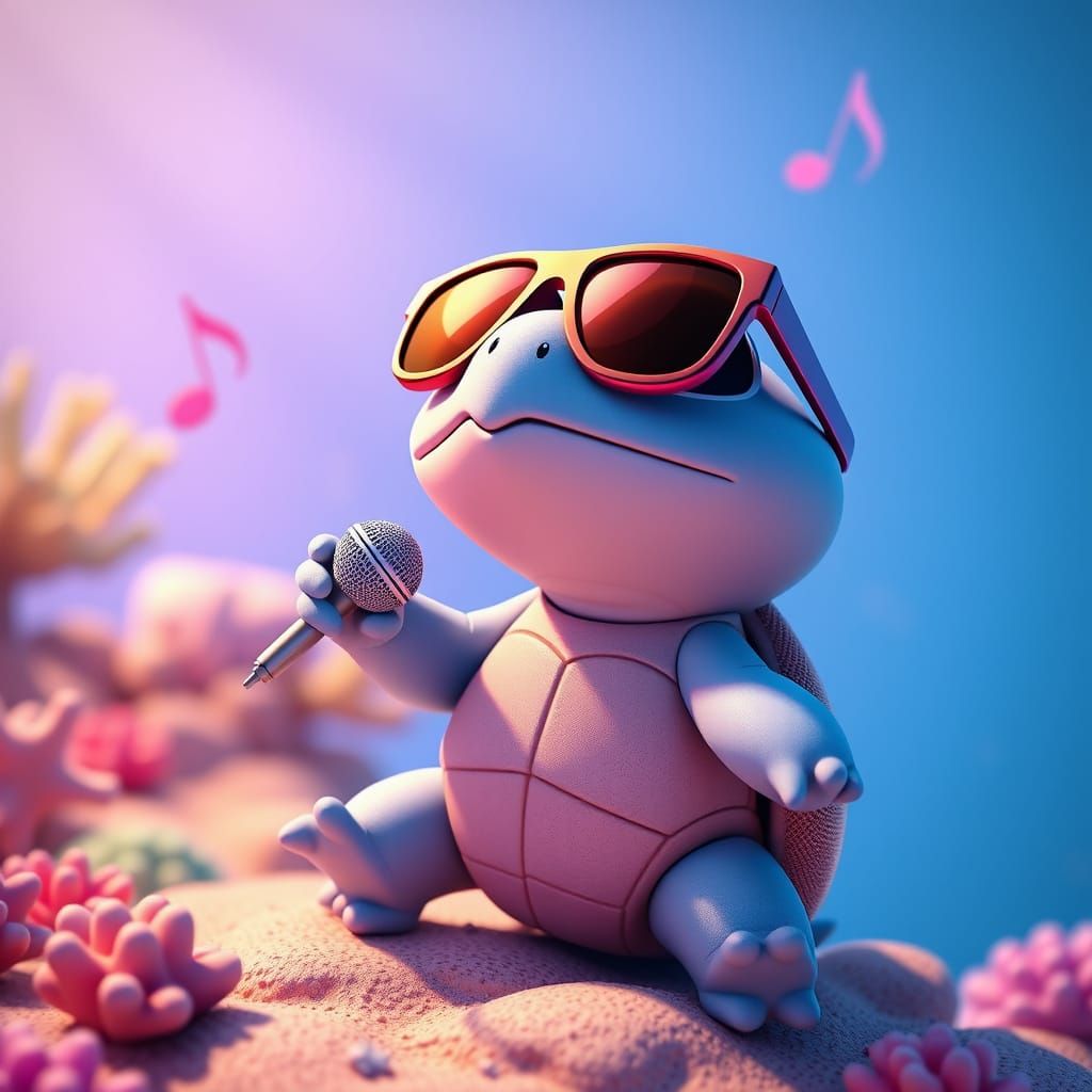 Singing Squirtle at Beach Party in 3D Style