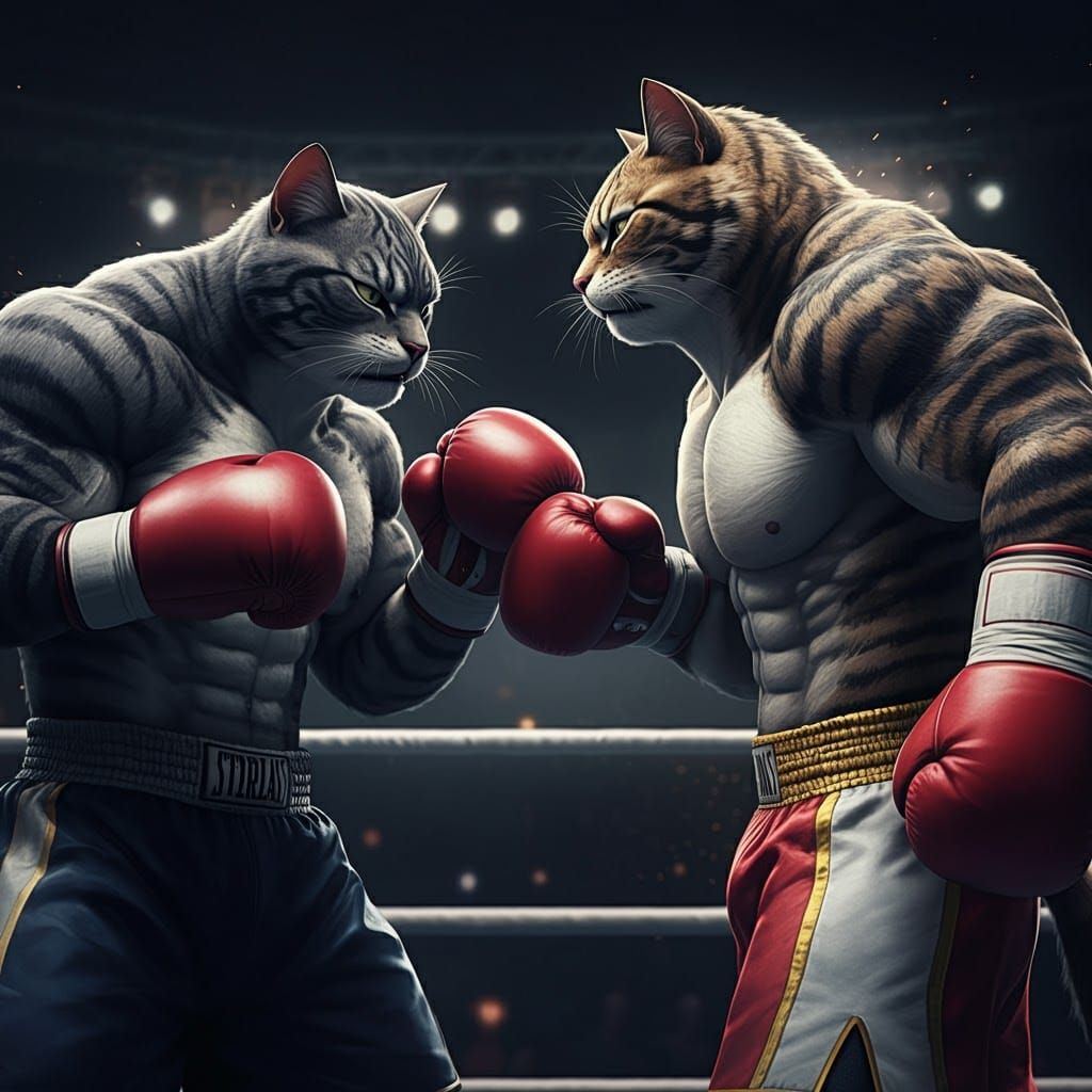 there is a cat and a cat in a boxing ring, close-up fight, i...