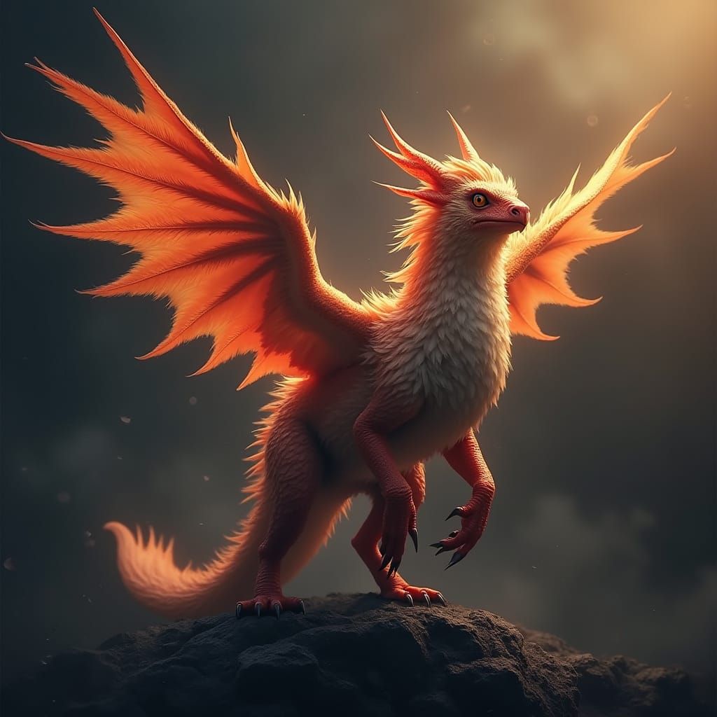 Majestic Hybrid Creature with Fiery Wings: Matte Painting