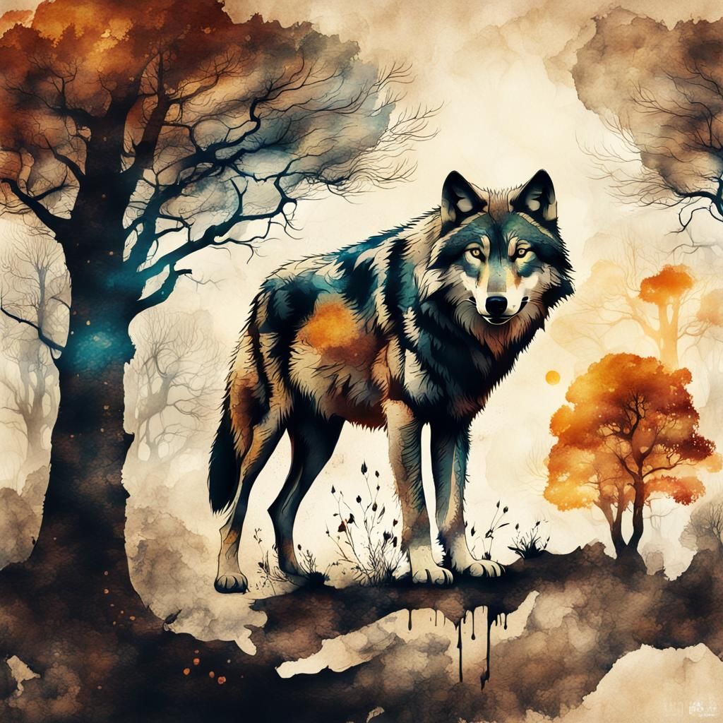 Wolf Double Exposure in Ink Painting Style