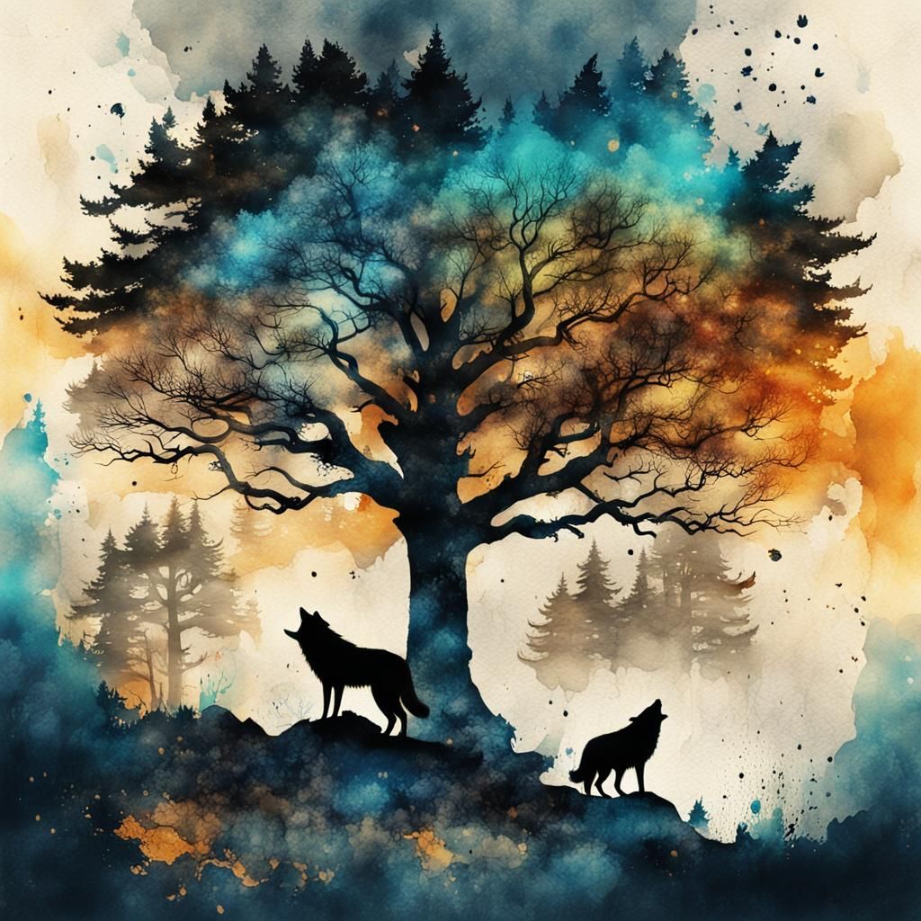 Wolf Double Exposure: Vintage Ink Painting With Trees