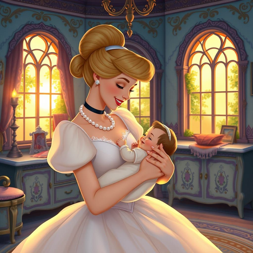 Loving Cinderella Mother Cuddles Infant in Enchanted Castle ...