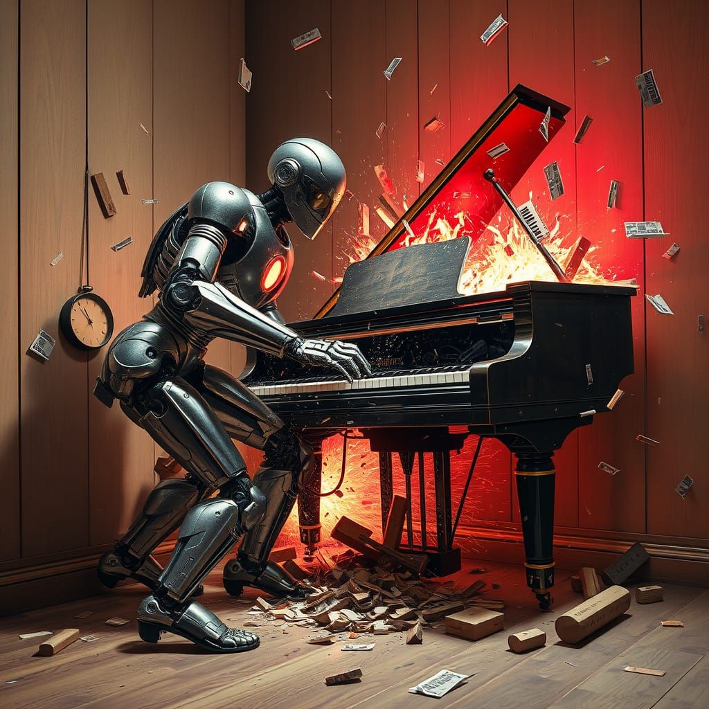 Metallic Death-Robot Crashes Piano into Ruined Wall
