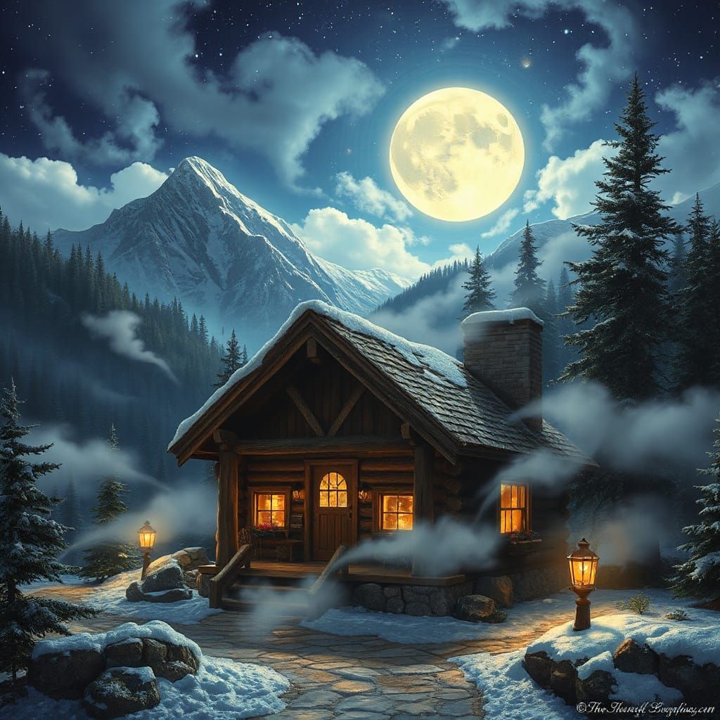 Cozy Log Cabin in Enchanted Valley Under Full Moon