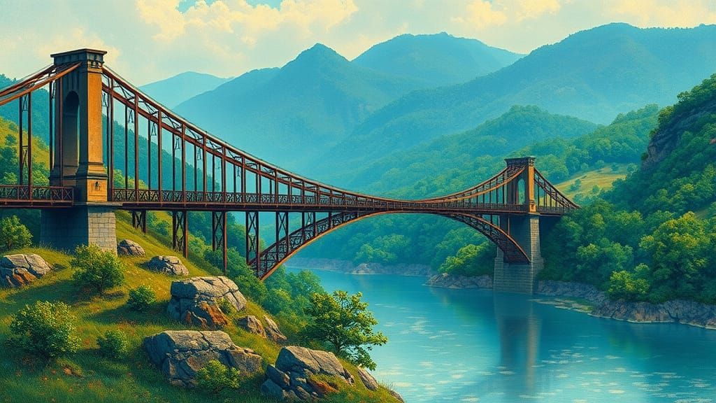 Unfinished Bridge Across Gorge in Pointillism Style