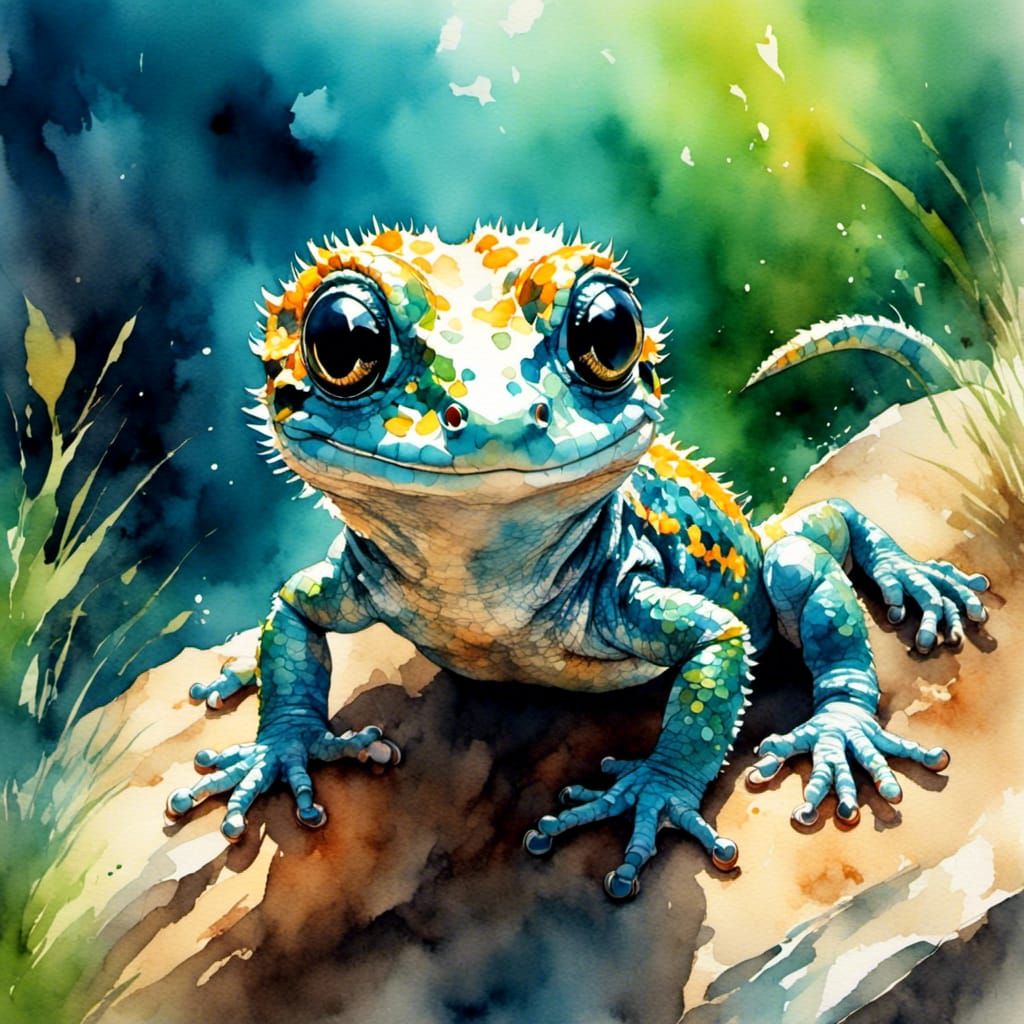 Adorable Baby Gecko in Watercolor Ink Sketch