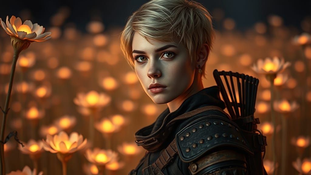 Serene Warrior Amidst Glowing Floralia
