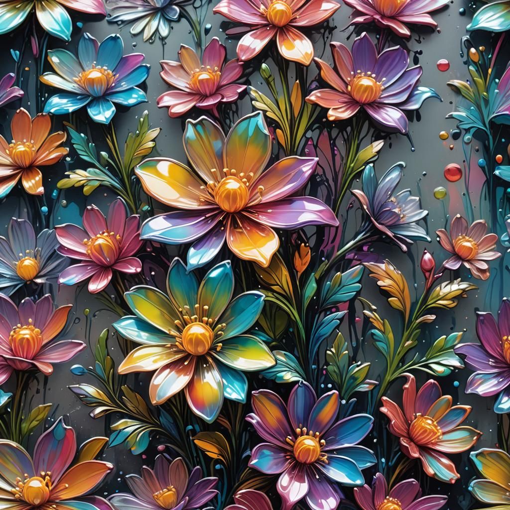 Iridescent Glass Flowers in Graffiti Art Style